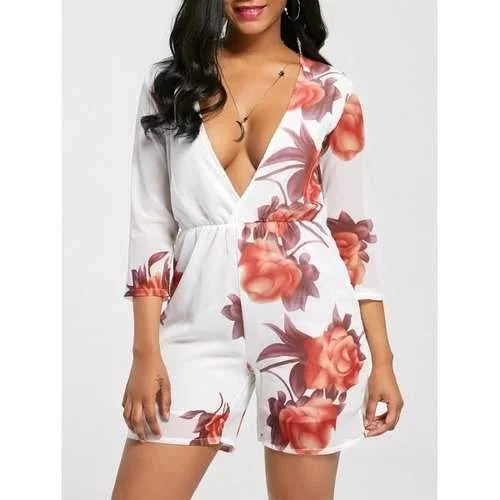 Plunging Neck Floral Print Romper - Floral S Chic Urban Romper Modern