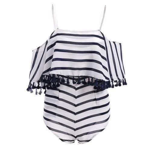 Stripe Falbala Leakage Shoulder Strap Women's Romper - White S Sheer Mesh Romper Glam