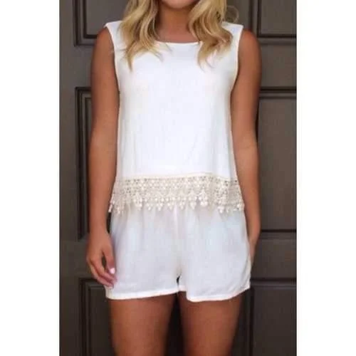 Fashionable Jewel Neck Backless Lace Splicing Sleeveless Romper For Women - White M Drape Front Romper Sophisticated