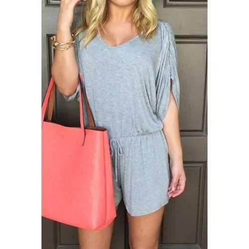 Casual Style Scoop Neck Solid Color Backless Tie-Up Short Sleeve Romper For Women - Gray S Simple romper for women