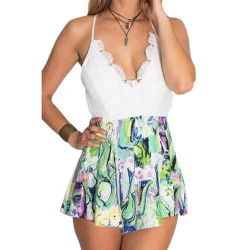 Sexy Style Spaghetti Strap Lace Splicing Print Sleeveless Romper For Women - White And Green L Fresh Pastel Romper Cute