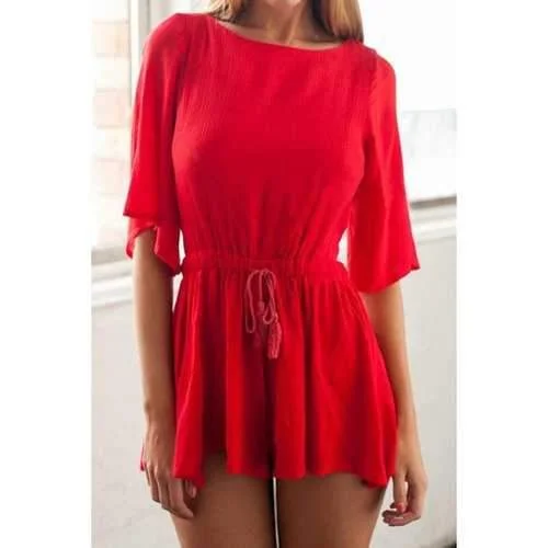 Stylish Scoop Neck Half Sleeve Red Backless Women's Romper - Red S Elegant Long Sleeve Romper