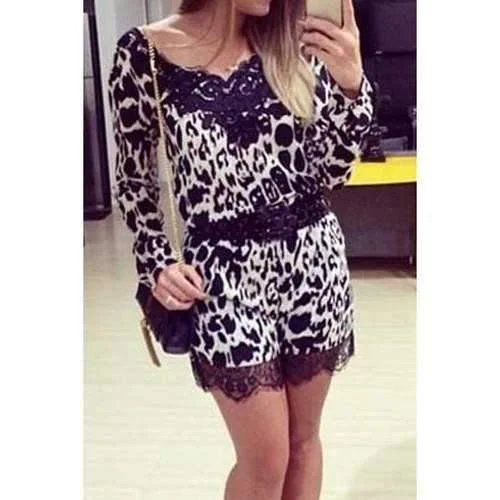 Fashionable V-Neck Lace Splicing Leopard Pattern Long Sleeve Romper For Women - Black Xl Wrap Belted Romper Elegant