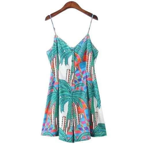 Fashionable Spaghetti Strap Palm Tree Print Sleeveless Romper For Women - Xl Casual chic romper style