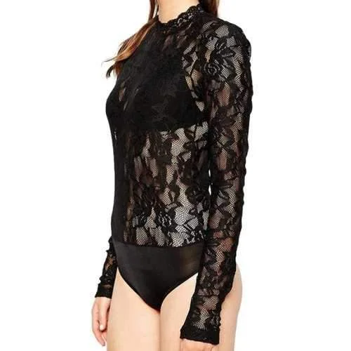 Stylish Stand Neck Long Sleeve Black Lace Women's Romper - Black S Puff Shoulder Romper Stylish