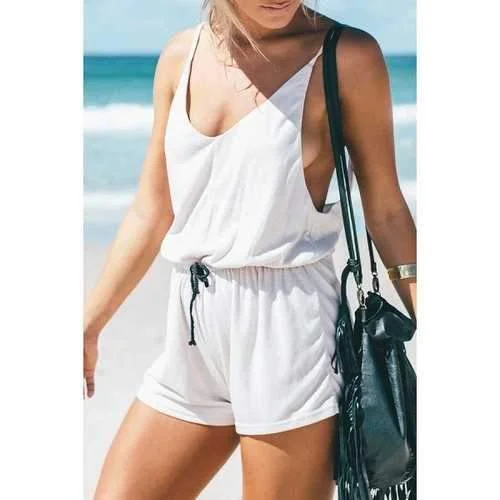 Stylish Spaghetti Strap Sleeveless Drawstring Design Women's White Romper - White Xl Fancy Evening Romper Dressy