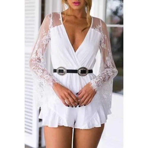 Sexy Style Plunging Neck See-Through Lace Splicing Long Sleeve Romper For Women - White S Simple yet stylish romper