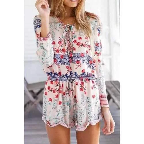 Fashionable V-Neck Tie-Up Tiny Floral Long Sleeve Romper For Women - S Everyday Casual Romper Stylish