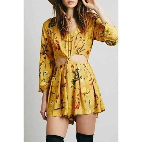 Fashionable V Neck Hollow Out Floral Print Long Sleeve Romper For Women - Yellow M Vibrant Print Romper Fashion