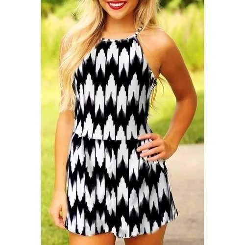 Fashionable Spaghetti Strap Black White Print Sleeveless Romper For Women - White And Black Xl Playful Dot Romper Retro