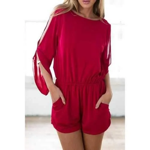 Stylish Boat Neck Split Sleeve Hollow Back Women's Red Romper - Red S Shimmery Metallic Romper Party