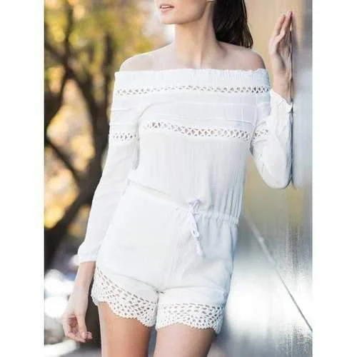 Alluring Off-The-Shoulder Long Sleeve Drawstring Women's White Romper - White S Tie-Dye Romper Casual Look