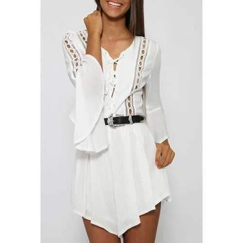 Stylish V Neck 3/4 Sleeve White Women's Romper - White Xl Light Jersey Romper Breathable