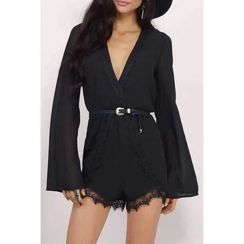 Alluring Plunging Neck Long Sleeve Lace Patchwork Women's Chiffon Romper - Black M Lightweight Gauze Romper Boho