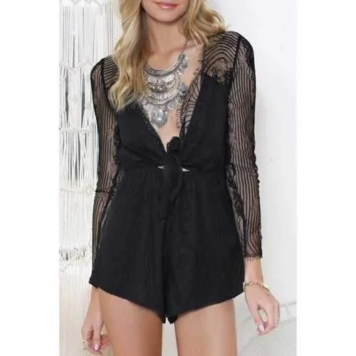 Stylish Plunging Neck Long Sleeve Lace Spliced Women's Romper - Black M Ruffled Neckline Romper Feminine