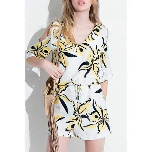 Stylish V-Neck Half Sleeve Flower Print Cut Out Drawstring Design Women's Romper - White M Silky Wrap Romper Luxe