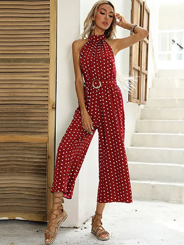 Elegant Women Jumpsuit Casual Polka Dot Print Wide-leg Long Romper Flowy Drape Romper Elegant