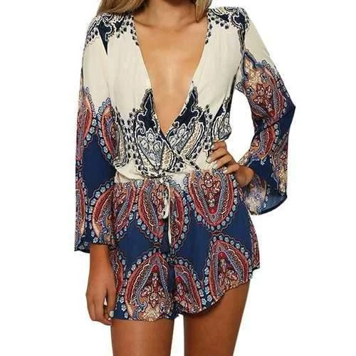 Ethnic Style Plunging Neck Color Block Print Tie-Up Long Sleeve Romper For Women - M Animal Print Romper Wild