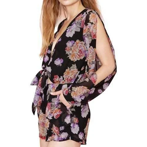 Stylish Plunging Neck Long Sleeve Floral Chiffon Women's Romper - Black Xl Draped Wrap Romper Chic