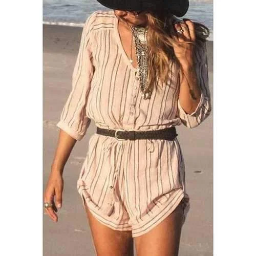 Fashionable V Neck Stripe Buttons 3/4 Sleeve Romper For Women - Pink S Turtleneck Knit Romper Winter