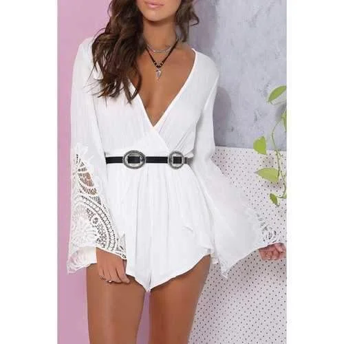 Sexy Plunging Neck Long Bell Sleeve Hollow Back Women's White Romper - White L Light Linen Romper Summer