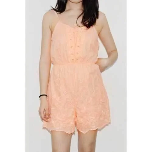 Stylish Spaghetti Strap Sleeveless Lace-Up Embroidered Women's Romper - Orangepink M Comfortable romper for women