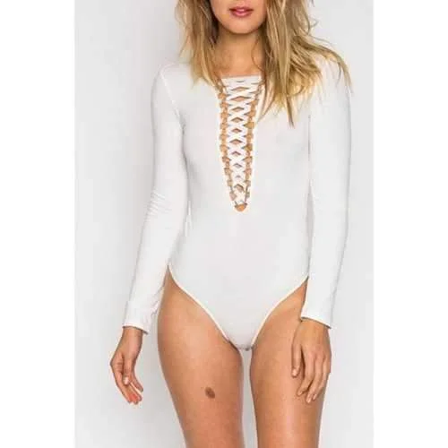 Stylish Plunging Collar Long Sleeve Solid Color Women's Romper - White L Comfortable romper for women