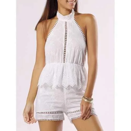 Halter Backless Cut Out Ruffle Romper - White M Glossy Satin Romper Luxe