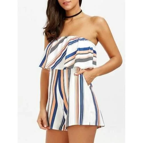 Off The Shoulder Overlay Striped Romper - L Floral Peasant Romper Romantic