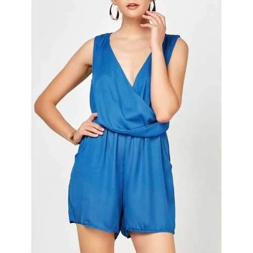 Surplice Ruched Summer Romper with Pockets - Blue M Vintage-inspired romper women