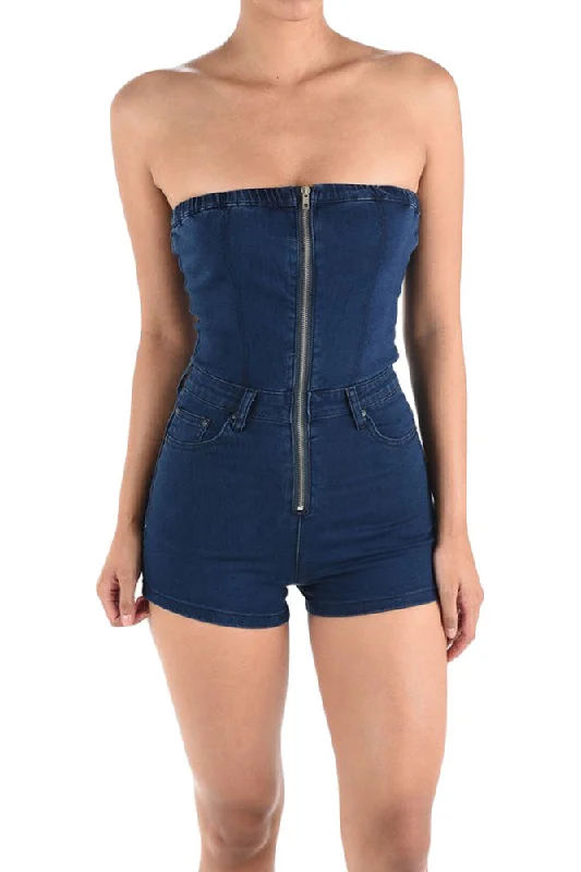 Women's Denim Strapless Zip Up Romper Minimalist Cotton Romper Casual